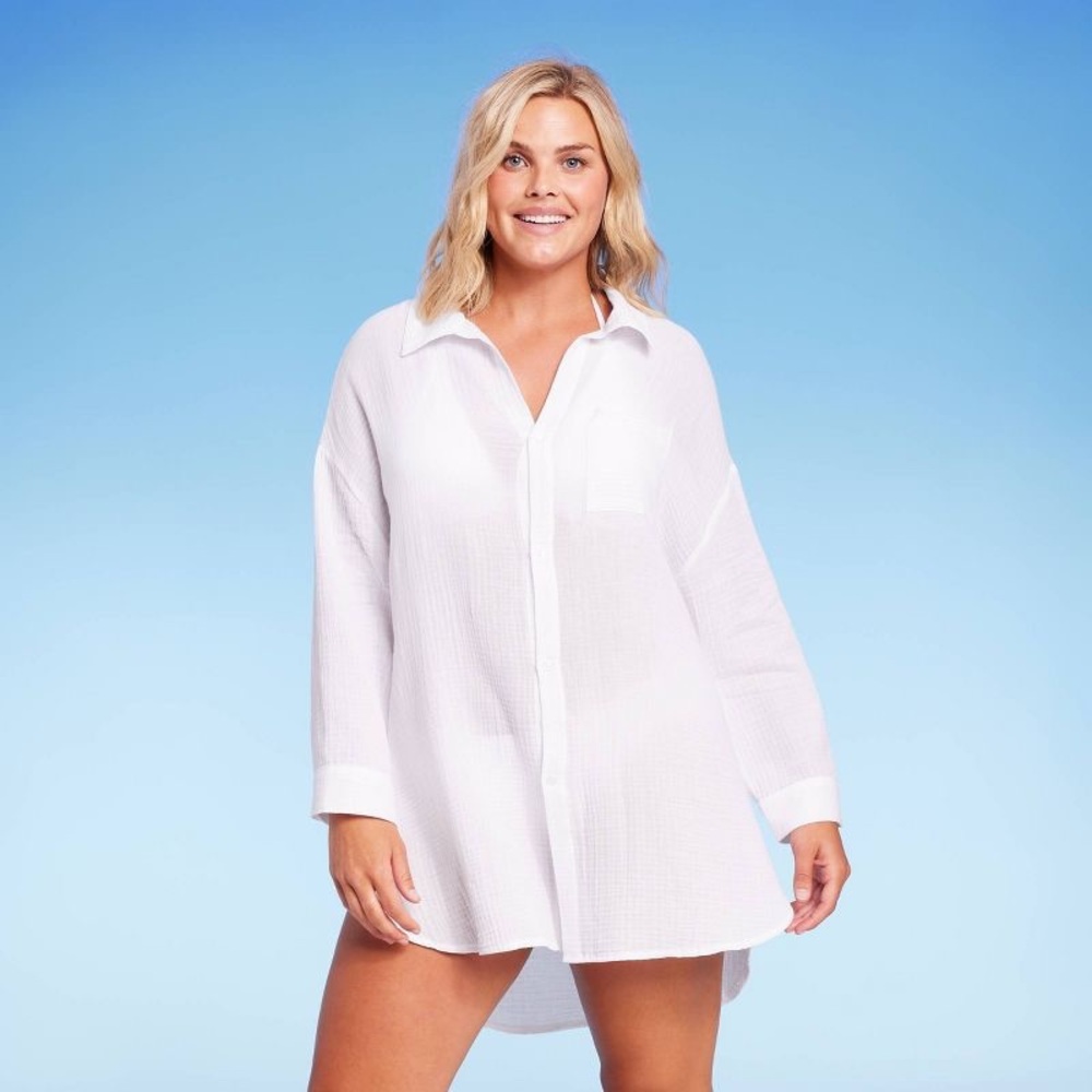 Women’s White Kona Sol Button Down Linen/Cotton Beach Cover up! Size: Large. NWT